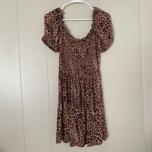 Express Leopard Print Dress Small Smocked Puff Sleeve Fit & Flare Brown Animal P